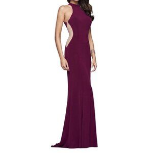 Faviana Halter Neck Gown with Side Mesh Cut Outs 7943 Bordeaux Size 0 NWT